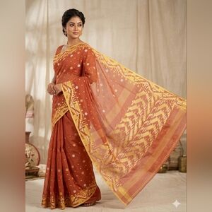 Women Pure 84 Count Cotton By Cotton Authentic Dhakai Jamdani Saree Handloom